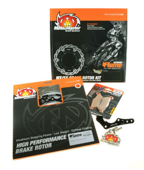 MOTO-MASTER ZESTAW HAMULCOWY (TARCZA, KLOCKI, ADAPTER) GAS GAS EC/ECF 250/300/350 '21-, EX/EXF 250/300/450, MC/MCF 125/250/350/450 '23-, HUSQVARNA FE 250/350/450/501 '22, FX 350/450 '23-, TE 150I/250I '23-, BRAKTEC ZACISK