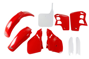 UFO 2024/11 KOMPLET PLASTIKÓW (FULL KIT) Z OSŁONAMI TELESKOPÓW (AMORTYZATORÓW) HONDA CR 500 '89-'90 KOLOR OEM (CZERWONY/BIAŁY) (HO091E999)