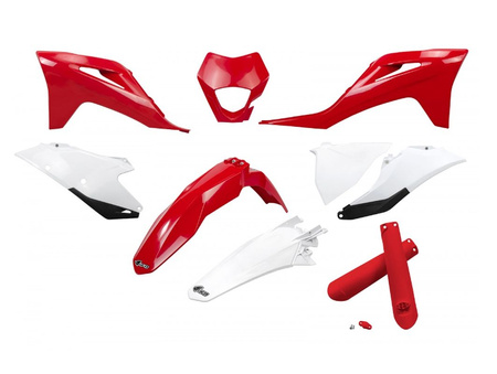 UFO KOMPLET PLASTIKÓW (FULL KIT) Z OSŁONAMI TELESKOPÓW (AMORTYZATORÓW) GAS GAS EC / EC-F 250 / 300 / 350 '21-'23 KOLOR OEM CZERWONY BIAŁY