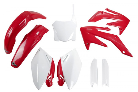 UFO KOMPLET PLASTIKÓW (FULL KIT) Z OSŁONAMI TELESKOPÓW (AMORTYZATORÓW) HONDA CRF 250R '08-'09 KOLOR OEM '08 (CZERWONY/BIAŁY) (HO112E999)