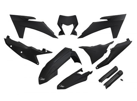 UFO KOMPLET PLASTIKÓW (FULL KIT) Z OSŁONAMI TELESKOPÓW (AMORTYZATORÓW) KTM EXC 150 / 250 / 300 TBI '24, EXC-F 250 / 350 / 450 / 500 '24 KOLOR CZARNY