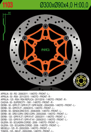 NG TARCZA HAMULCOWA PRZÓD APRILIA RS 50/125 '11-'14 (RS4), RS50 '07-'08, DERBI 50/80/125 (300X90X4) (6X6,5MM)