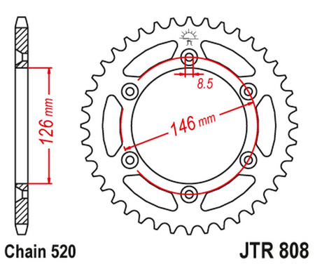JT ZĘBATKA TYLNA 808 51 ALUMINIOWA RACELITE SUZUKI RM/RMZ DR/DRZ (80851JTA) (ŁAŃC.520) KOLOR CZARNY