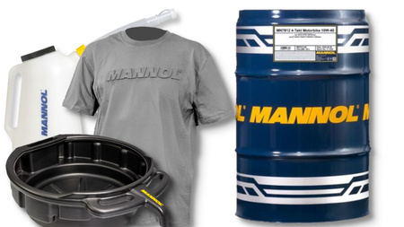 MANNOL OLEJ SILNIKOWY 4T PLUS 10W40 SEMISYNTETYK (API SL, JASO MA/MA2) (7202) - BECZKA 60L ZESTAW PROMOCYJNY Z NALEWAKIEM, POJEMNIKIEM NA ZUŻYTY OLEJ ORAZ Z KOSZULKĄ