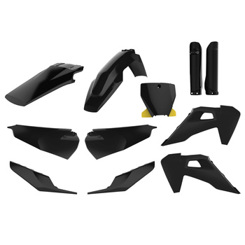 POLISPORT KOMPLET PLASTIKÓW (FULL KIT) HUSQVARNA TC/FC TPI '19-'22 W ZESTAWIE TABLICA PRZEDNIA (8666500006) I OSŁONY AMORTYZATORÓW (8398900002) KOLOR CZARNY
