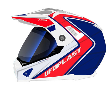 UFO KASK ARIES OFFROAD / DUAL / TOURER / CROSSOVER Z SZYBĄ, DASZKIEM I BLENDĄ PRZECIWSŁONECZNĄ KOLOR BIAŁY/CZERWONY/NIEBIESKI ROZMIAR S ( ECE 22R06 ) - KOLEKCJA 2024