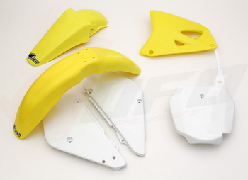 UFO KOMPLET PLASTIKÓW SUZUKI RM 85 '00-'21 KOLOR OEM '00-'15 I '18-'20 OEM (BIAŁY/ŻÓŁTY) (SU405E999)