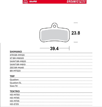 MOTO-MASTER WYPRZEDAŻ BIKE PRO KLOCKI HAMULCOWE ROWEROWE ORGANICZNE PRO PASUJE DO SHIMANO XTR BR-M9120, XT BR-M8020, SAINT BR-M820, SAINT BR-M810, ZEE BR-M640, BR-MT520, TEKTRO HD-M750, HD-M745, HD-M735, HD-E725