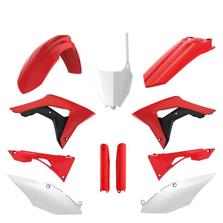 POLISPORT KOMPLET PLASTIKÓW (FULL KIT) HONDA CRF 250R '18-'21; CRF 450R '17-'20 W ZESTAWIE TABLICA PRZEDNIA (8667200002) I OSŁONY AMORTYZARORÓW (8351900003) KOLOR CZERWONO BIAŁY OEM