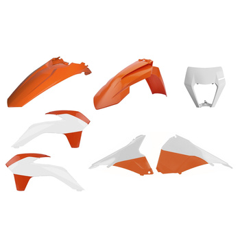POLISPORT KOMPLET PLASTIKÓW KTM EXC/EXC-F '14-'16 (RESTYLING) W ZESTAWIE BŁOTNIK PRZEDNI '17-'19 (8574200008) OSŁONA LAMPY PRZEDNIEJ '17-'19 (8666800001) KOLOR POMARAŃCZOWY BIAŁY OEM