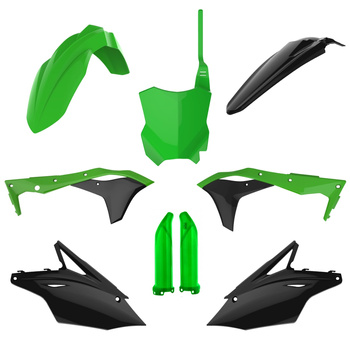 POLISPORT KOMPLET PLASTIKÓW (FULL KIT) KAWASAKI KXF 250 '17-'20 W ZESTAWIE TABLICA PRZEDNIA (8665900001) I OSŁONY AMORTYZARORÓW (8351800005) KOLOR ZIELONY CZARNY