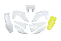 UFO KOMPLET PLASTIKÓW HUSQVARNA TE 150 / 250 / 300 '20-'23, FE 250 / 350 / 450 / 501 '20-'23 Z OSŁONĄ LAMPY KOLOR OEM BIAŁY + ŻÓŁTY BŁOTNIK TYLNY