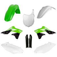 POLISPORT KOMPLET PLASTIKÓW (FULL KIT) KAWASAKI KX 250F '13-'16 W ZESTAWIE TABLICA PRZEDNIA (8659200003) I OSŁONY AMORTYZARORÓW (8351800002) KOLOR ZIELONY CZARNY BIAŁY OEM