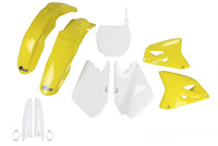 UFO KOMPLET PLASTIKÓW (FULL KIT) Z OSŁONAMI TELESKOPÓW (AMORTYZATORÓW) SUZUKI RM 125 '01-'22, RM 250 '01-'22 KOLOR OEM (BIAŁY/ŻÓŁTY) (SU402E999)
