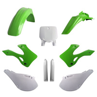 POLISPORT KOMPLET PLASTIKÓW (FULL KIT) KAWASAKI KX 125/250 '99-'02 W ZESTAWIE TABLICA PRZEDNIA (8677000001) I OSŁONY AMORTYZARORÓW (8395000001) KOLOR ZIELONY OEM
