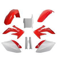 POLISPORT KOMPLET PLASTIKÓW (FULL KIT) HONDA CRF 250R '06-'07 W ZESTAWIE TABLICA PRZEDNIA (8661900001) I OSŁONY AMORTYZARORÓW (8351700001) KOLOR CZERWONO BIAŁY OEM