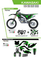 UFO KOMPLET PLASTIKÓW KAKIT227001 PLUS KOMPLET NAKLEJEK (OKLEIN) KAWASAKI KXF 250 '21-'22; KXF 450 '19-'22 W ZESTAWIE PRZEDNIA TABLICA (KA04738) ORAZ OSŁONY AMORTYZATORÓW (KA04701) TECNA KOLOR CZARNY - WYPRZEDAŻ