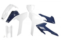 UFO KOMPLET PLASTIKÓW (FULL KIT) Z OSŁONAMI TELESKOPÓW (AMORTYZATORÓW) HUSQVARNA TC/FC 125/250/300/350/450 '16-'18 (Z WYJĄTKIEM TC 250 '16) KOLOR OEM '16 (BIAŁY/NIEBIESKI) (HU616E999)