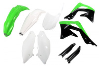 UFO KOMPLET PLASTIKÓW (FULL KIT) Z OSŁONAMI TELESKOPÓW (AMORTYZATORÓW) KAWASAKI KXF 450 '13-'15 KOLOR OEM (ZIELONY/BIAŁY/CZARNY) (KA220E999)