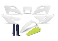 UFO KOMPLET PLASTIKÓW (FULL KIT) Z OSŁONAMI TELESKOPÓW (AMORTYZATORÓW) HUSQVARNA TE 150 / 250 / 300 '24, FE 250 / 350 / 450 / 501 '24, KOLOR OEM BIAŁY ŻÓŁTY