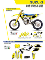 UFO KOMPLET PLASTIKÓW SUKIT418102 PLUS KOMPLET NAKLEJEK (OKLEIN) SUZUKI RMZ 250 '19-'22; RMZ 450 '18-'22 W ZESTAWIE PRZEDNIA TABLICA (SU04943) ORAZ OSŁONY AMORTYZATORÓW (SU04913) APODIS KOLOR ŻÓŁTY - WYPRZEDAŻ
