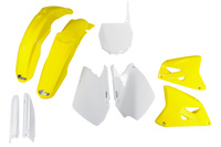 UFO 2024/11 KOMPLET PLASTIKÓW (FULL KIT) Z OSŁONAMI TELESKOPÓW (AMORTYZATORÓW) SUZUKI RM 125 / 250 '06-'24 KOLOR OEM ( BIAŁY / ŻÓŁTY )