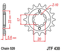 JT ZĘBATKA PRZEDNIA 430 14 KAWASAKI KXF 250 '04-'05, SUZUKI RMZ 250 '04-'05 (43014JT) (ŁAŃC. 520)